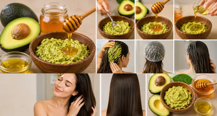 Avocado and honey DIY hair mask for dry, frizzy, and damaged hair with step-by-step homemade hair treatment process at home