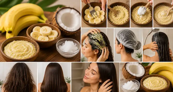 Banana and coconut oil DIY hair mask for frizzy, dry, and damaged hair with homemade natural hair treatment steps
