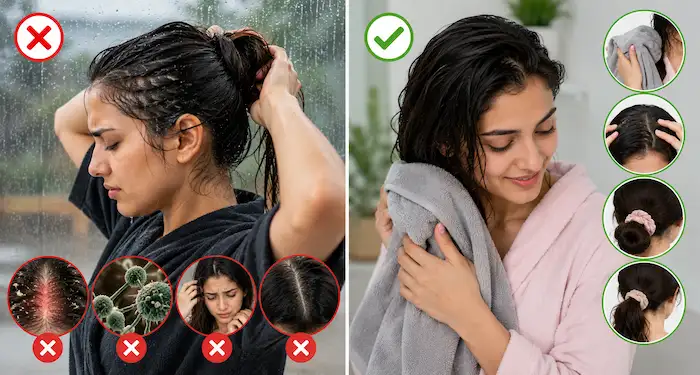 Wet hair care tips for monsoon to prevent hair fall, dandruff, and scalp infections naturally.