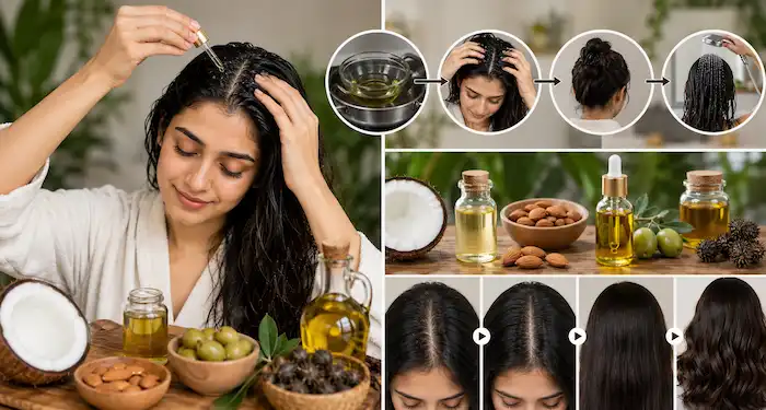 Natural hair oiling routine for monsoon hair care using coconut and almond oil to reduce hair fall.