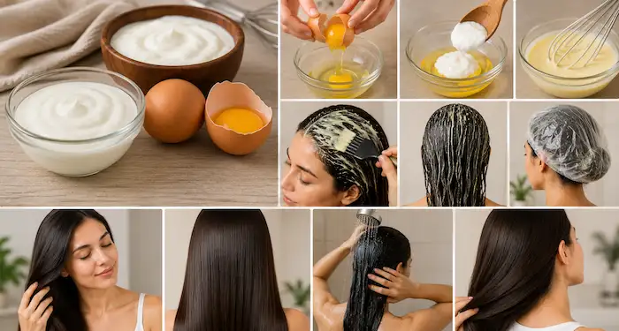 Yogurt and egg DIY hair mask for weak, dull, and damaged hair with homemade protein hair treatment steps at home