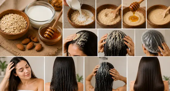 Homemade DIY hair mask ingredients with a step-by-step application process for dry, damaged, frizzy, and dull hair using oats, honey, milk, and natural remedies.