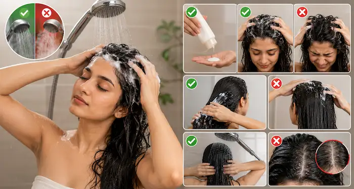 A proper hair wash routine for monsoon uses mild shampoo and cool water to prevent hair fall and dandruff.