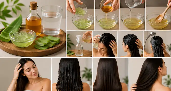 Aloe vera DIY hair mask preparation and application process for dry, frizzy, damaged, and dull hair using natural homemade hair care remedies.
