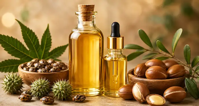 Castor oil and argan oil for DIY hair masks to support dry, damaged, weak, and frizzy hair naturally at home.