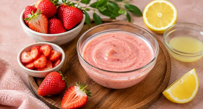 Strawberry and lemon DIY hair mask for oily scalp, greasy roots, and dull hair using natural homemade hair care ingredients.