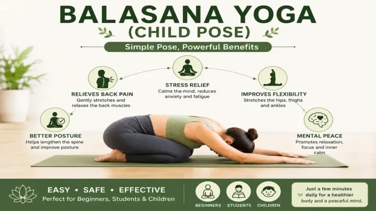 Balasana Yoga (Child Pose) infographic showing a woman performing the child pose yoga stretch on a yoga mat with health benefits including stress relief, back pain relief, better posture, flexibility improvement, and mental peace for beginners, students, and children.