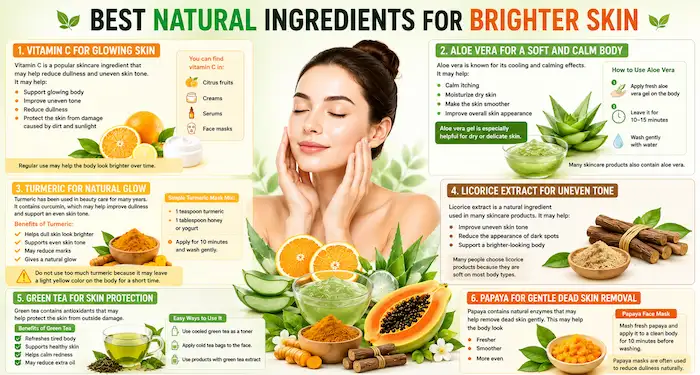 Natural Skin Brightening Tips with vitamin C, aloe vera, turmeric, licorice extract, green tea, and papaya for glowing skin.