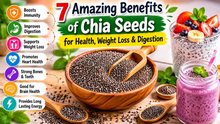 Bowl of chia seeds with healthy breakfast ingredients showing the benefits of chia seeds for health, weight loss, and digestion