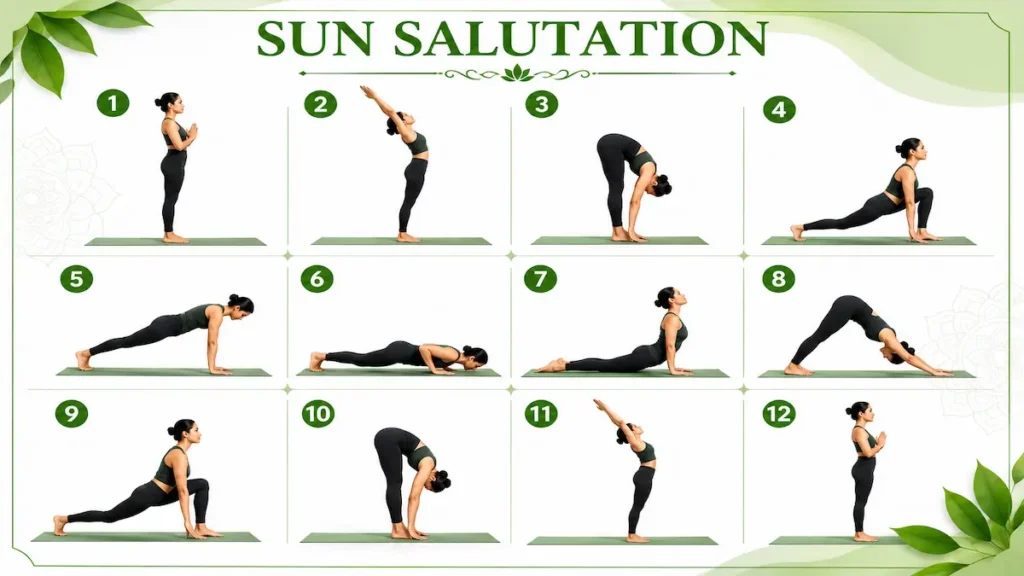Surya Namaskar yoga poses step by step with 12 numbered Sun Salutation positions on white and green background
