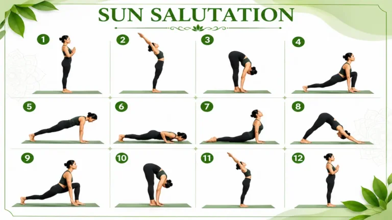 Surya Namaskar yoga poses step by step with 12 numbered Sun Salutation positions on white and green background