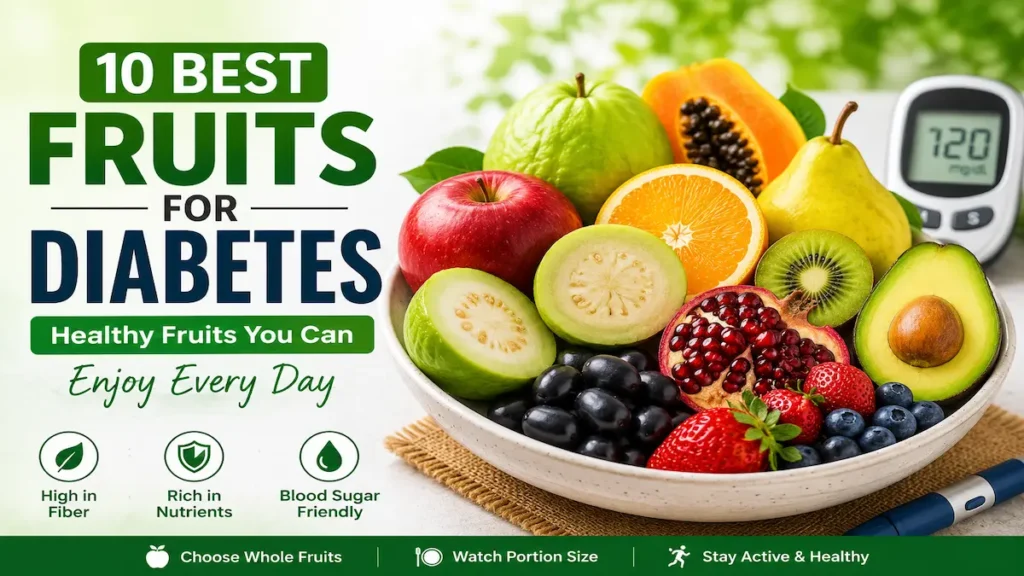 Best Fruits for Diabetes including guava, apples, oranges, kiwi, pomegranate, berries, and avocado that may support healthy blood sugar levels as part of a balanced diet