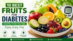 Best Fruits for Diabetes including guava, apples, oranges, kiwi, pomegranate, berries, and avocado that may support healthy blood sugar levels as part of a balanced diet