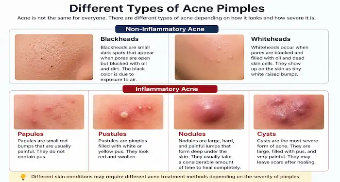 different types of acne pimples including blackheads whiteheads papules pustules nodules and cysts