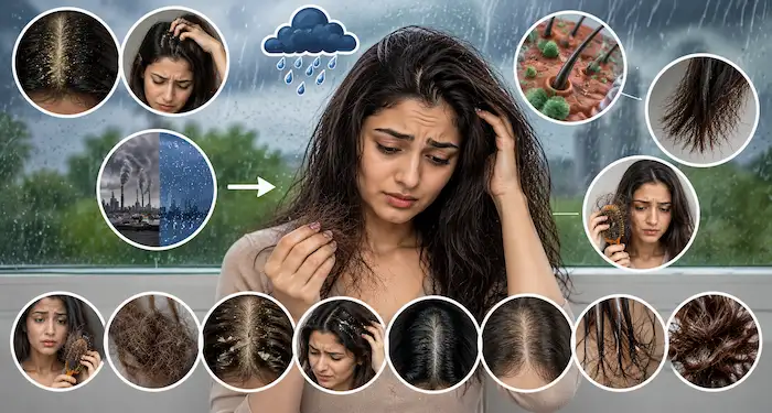 Common monsoon hair problems like hair fall, dandruff, frizz, and scalp infection caused by humidity and pollution.