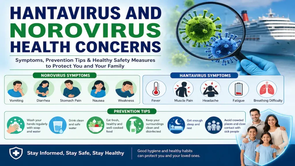 Hantavirus and norovirus health concerns infographic showing cruise ship outbreak, virus symptoms, dehydration warning, hygiene tips, and healthy habits for infection prevention.