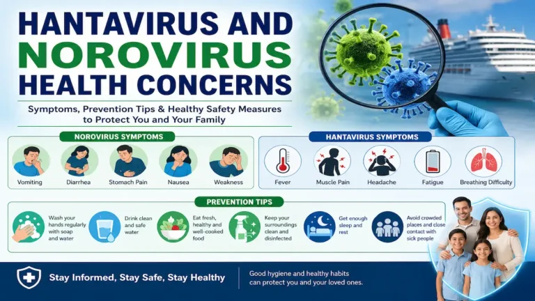 Hantavirus and norovirus health concerns infographic showing cruise ship outbreak, virus symptoms, dehydration warning, hygiene tips, and healthy habits for infection prevention.