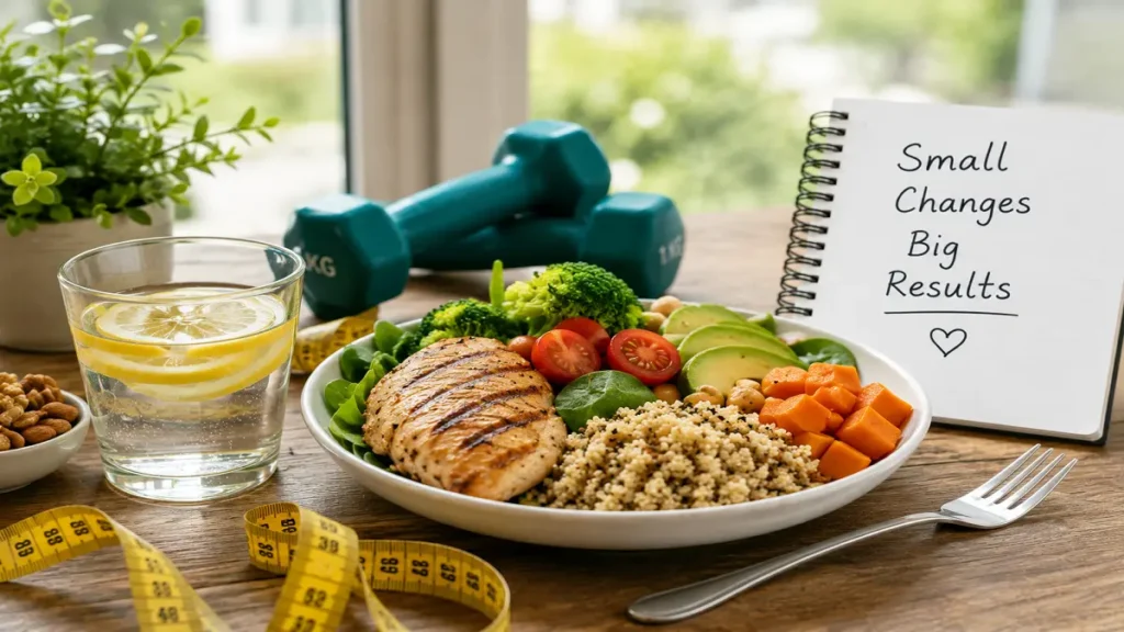 healthy weight loss diet plan, balanced diet for weight loss, fitness lifestyle healthy food, grilled chicken quinoa salad, healthy eating habits for weight loss, lemon water detox drink, fitness workout dumbbells nutrition concept, small changes big results weight loss tips