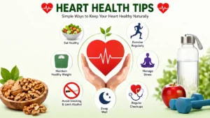 Heart health tips infographic showing healthy diet, exercise, stress management, walnuts, sleep, and regular checkups for a healthy heart