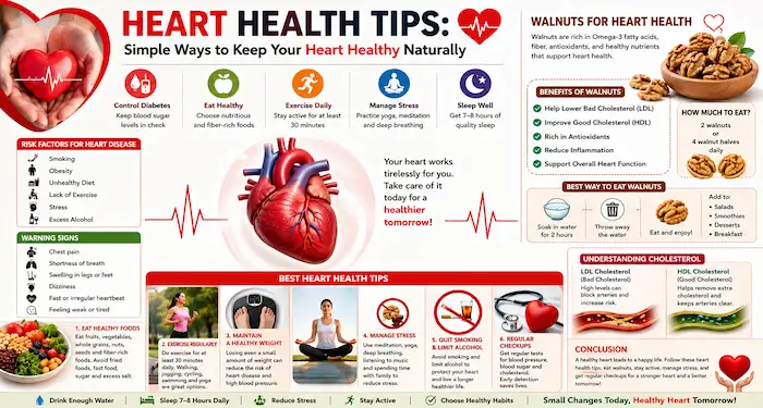 Healthy heart lifestyle infographic with healthy food, exercise, sleep, stress management, walnuts, and hydration tips