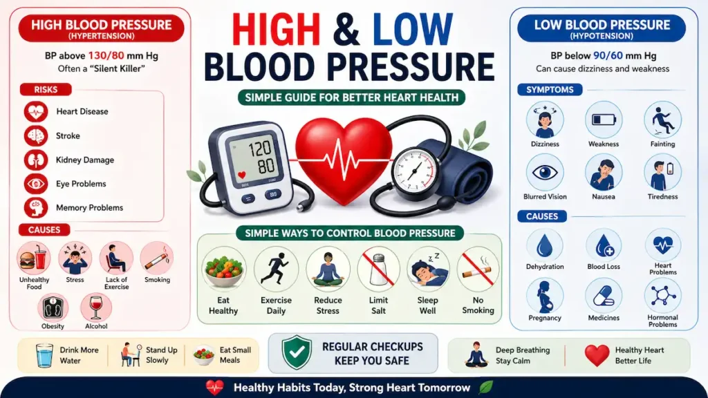 High blood pressure and low blood pressure infographic with symptoms, causes, and heart health tips.