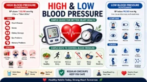 High blood pressure and low blood pressure infographic with symptoms, causes, and heart health tips.