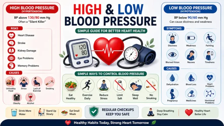 High blood pressure and low blood pressure infographic with symptoms, causes, and heart health tips.