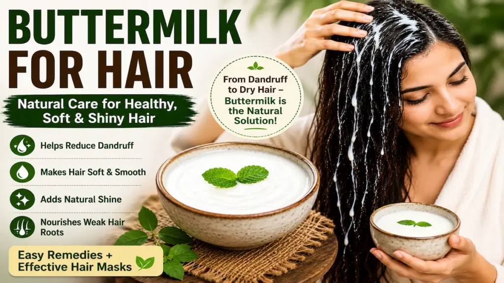 Woman applying buttermilk for hair to help with dandruff control, dry hair, and natural scalp care at home