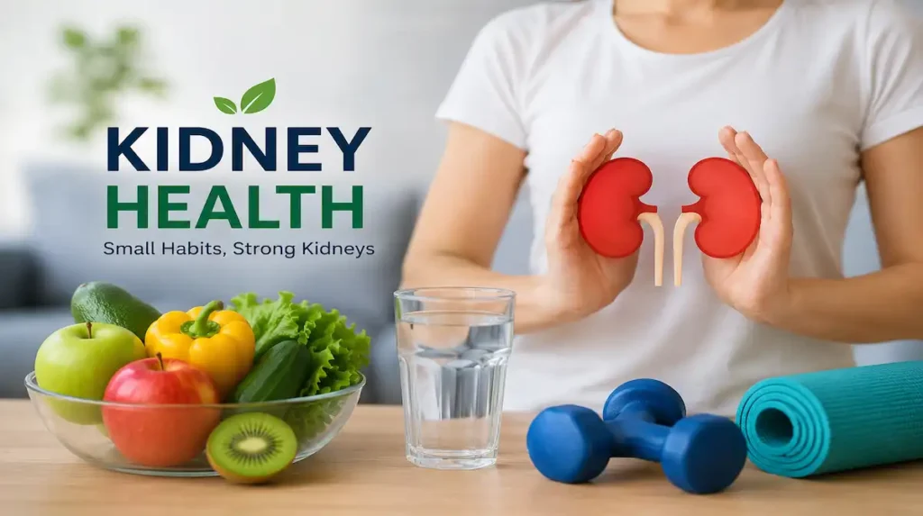 Kidney Health guide showing healthy food, hydration, and exercise for strong kidneys
