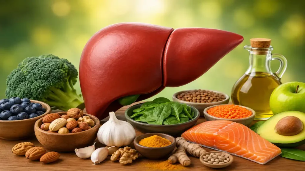 Liver Health foods including salmon, spinach, garlic, nuts, berries, and olive oil