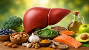 Liver Health foods including salmon, spinach, garlic, nuts, berries, and olive oil