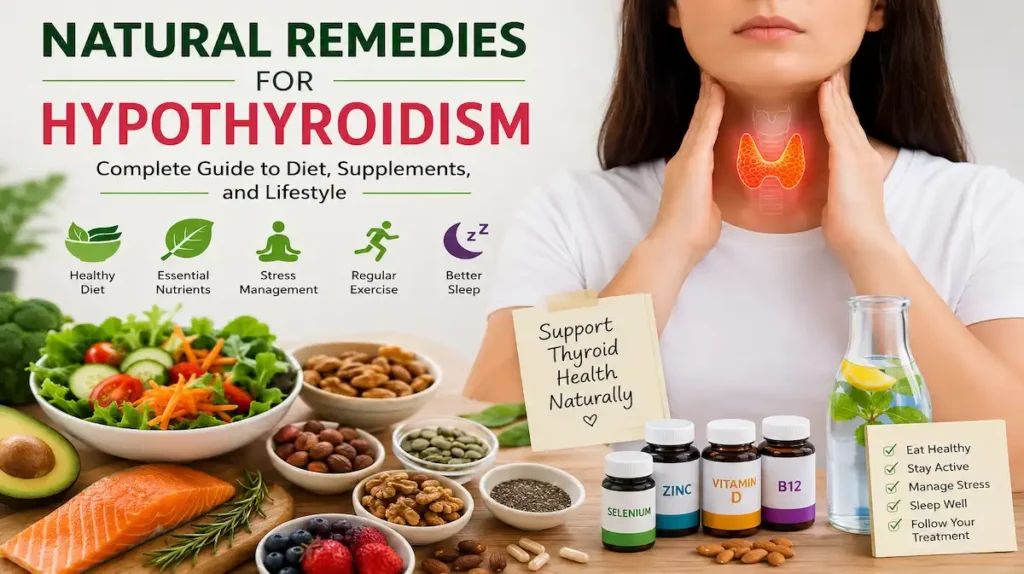 Natural remedies for hypothyroidism showing thyroid health support with diet, supplements, and lifestyle habits.