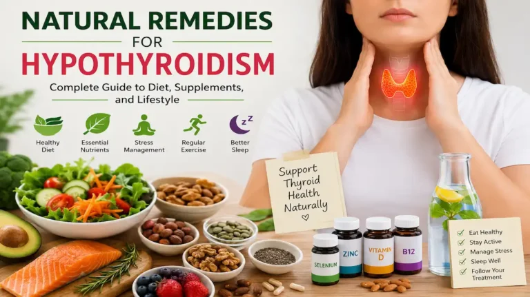 Natural remedies for hypothyroidism showing thyroid health support with diet, supplements, and lifestyle habits.
