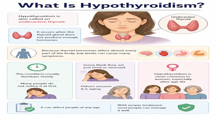 Underactive thyroid showing hypothyroidism symptoms and effects