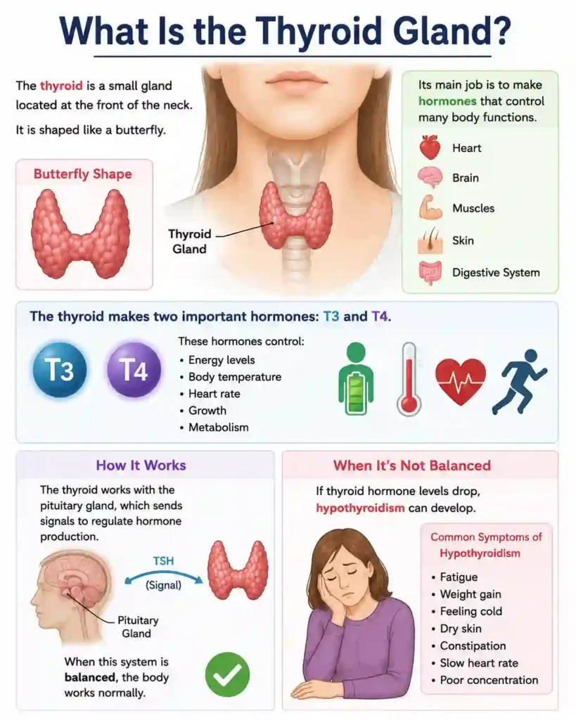Thyroid gland illustration showing hormone function and balance