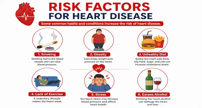 Risk factors for heart disease infographic showing smoking, obesity, unhealthy diet, stress, alcohol, and lack of exercise
