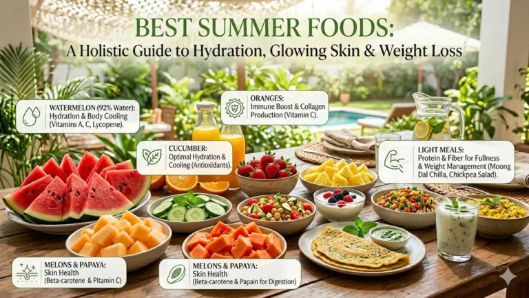 Healthy summer foods for hydration, glowing skin, and weight loss including watermelon, cucumber, papaya, oranges, strawberries, and light meals on a fresh outdoor table.