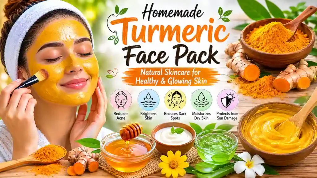 Homemade turmeric face pack for glowing skin with honey, aloe vera, yogurt, and turmeric powder for natural skincare benefits.