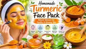 Homemade turmeric face pack for glowing skin with honey, aloe vera, yogurt, and turmeric powder for natural skincare benefits.