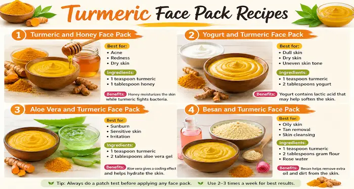 Turmeric face pack recipes with honey, yogurt, aloe vera, and besan for glowing skin and natural skincare benefits.