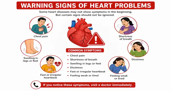 Warning signs of heart problems infographic showing chest pain, dizziness, shortness of breath, swelling, and irregular heartbeat symptoms