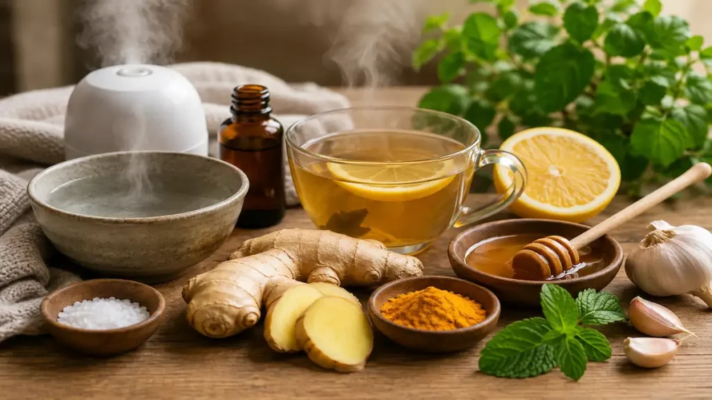 Best home remedies for dry cough with honey, ginger, lemon, and herbal tea.