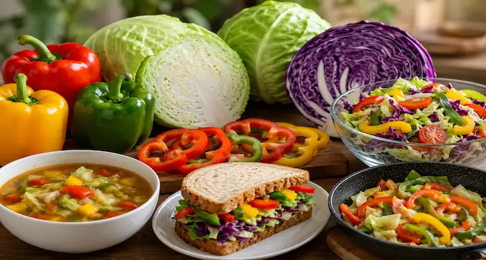 Fresh bell peppers and cabbage vegetables supporting immunity and healthy diet