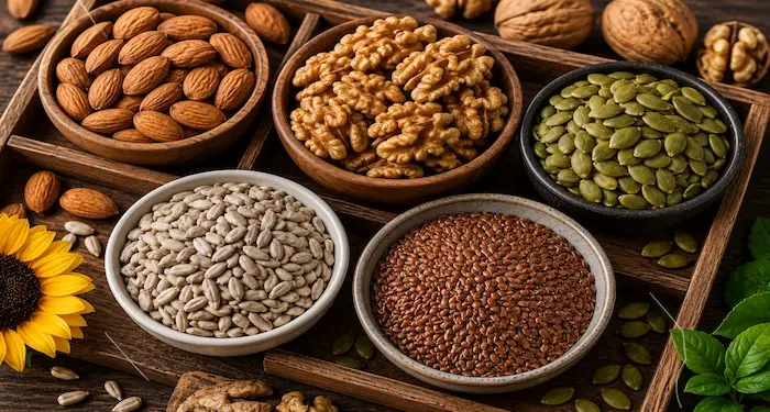 Healthy nuts and seeds like almonds, walnuts and flaxseeds for strong immunity