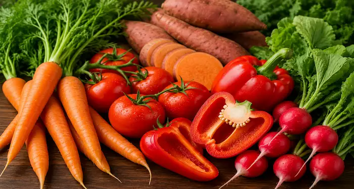 Fresh carrots, tomatoes, sweet potatoes, red peppers, and radishes rich in vitamins and antioxidants.