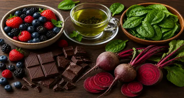 Mixed berries, green tea, dark chocolate, spinach, and beetroot displayed as antioxidant-rich foods.