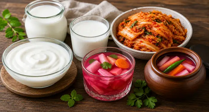 Yogurt, kefir, kimchi, and kanji displayed as probiotic foods that support digestion and gut health.