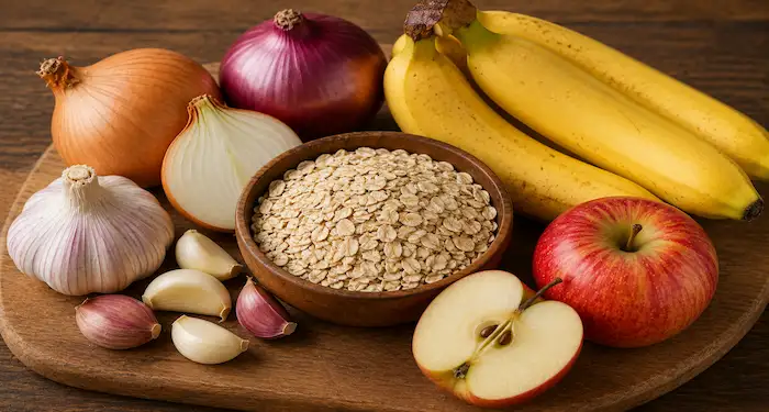 Oats, garlic, onions, bananas, and apples arranged as healthy prebiotic foods.