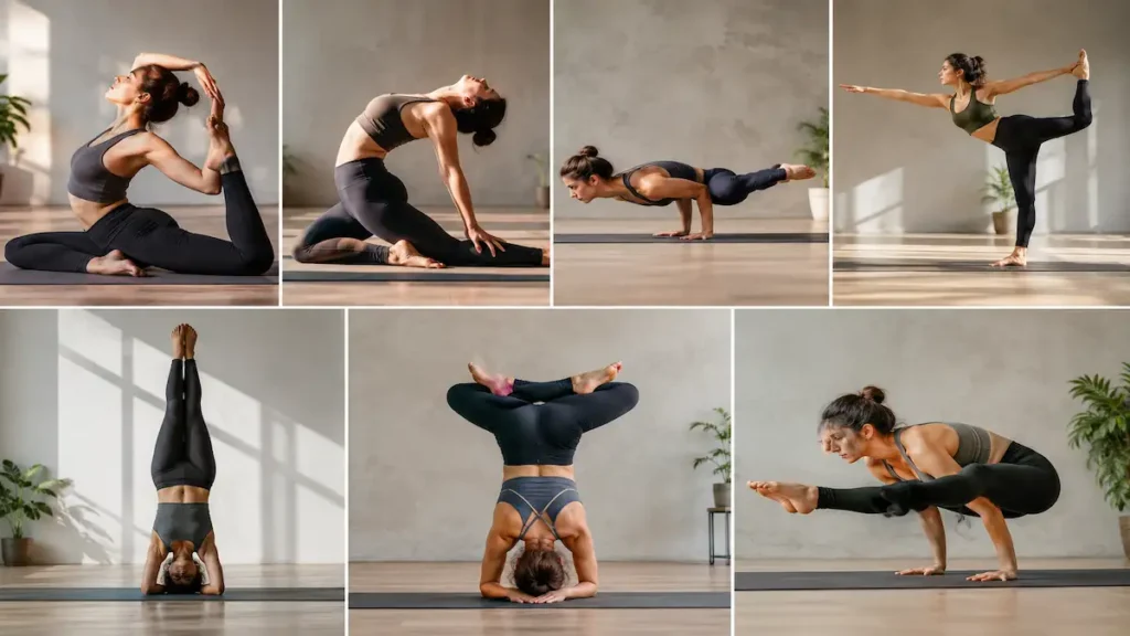 Advanced yoga poses including King Pigeon, Peacock, Headstand, Lotus Headstand, Firefly, and Lord of the Dance for strength, flexibility, and balance.
