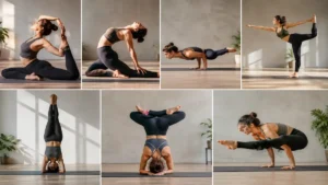 Advanced Yoga Poses: Strength, Flexibility & Balance Advanced yoga poses including King Pigeon, Peacock, Headstand, Lotus Headstand, Firefly, and Lord of the Dance for strength, flexibility, and balance.
